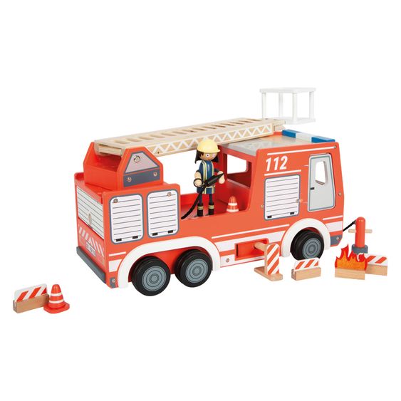 small foot Camion De Pompier avec 3 Grilles, 2 Pylônes, 1 Borne Incendie avec Tuyau incl. Poupée Articulée - Rouge