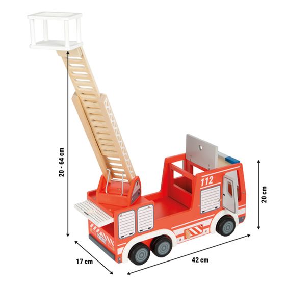 small foot Camion De Pompier avec 3 Grilles, 2 Pylônes, 1 Borne Incendie avec Tuyau incl. Poupée Articulée - Rouge