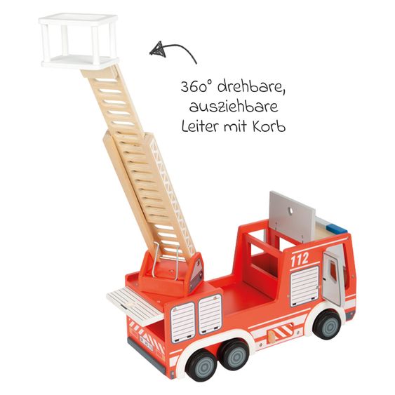 small foot Camion De Pompier avec 3 Grilles, 2 Pylônes, 1 Borne Incendie avec Tuyau incl. Poupée Articulée - Rouge