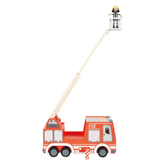 small foot Camion De Pompier avec 3 Grilles, 2 Pylônes, 1 Borne Incendie avec Tuyau incl. Poupée Articulée - Rouge