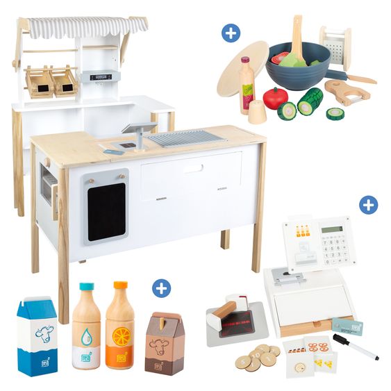 small foot Negozio Gioco & Set Cucina con banco vendita, set da taglio insalata 10 pz., set cassa 26 pz. e set bevande 4 pz. - Fresh - Colorato
