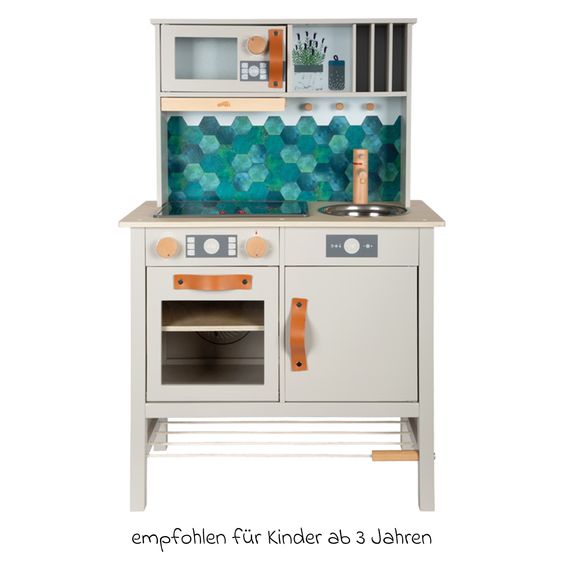 small foot Cuisine Enfant avec Évier, Plaque De Cuisson avec Lumière & Son, Hotte Aspirante & Batterie De Cuisine - Tasty - Gris