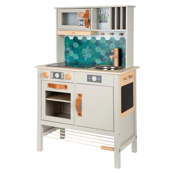 small foot Cuisine Enfant avec Évier, Plaque De Cuisson avec Lumière & Son, Hotte Aspirante & Batterie De Cuisine - Tasty - Gris