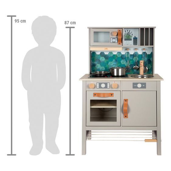 small foot Cuisine Enfant avec Évier, Plaque De Cuisson avec Lumière & Son, Hotte Aspirante & Batterie De Cuisine - Tasty - Gris