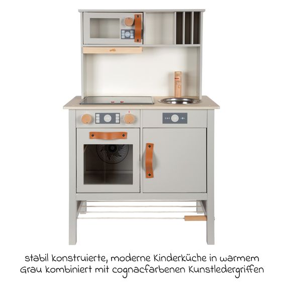 small foot Cuisine Enfant avec Évier, Plaque De Cuisson avec Lumière & Son, Hotte Aspirante & Batterie De Cuisine - Tasty - Gris
