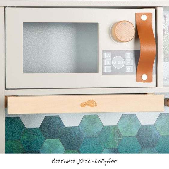 small foot Cuisine Enfant avec Évier, Plaque De Cuisson avec Lumière & Son, Hotte Aspirante & Batterie De Cuisine - Tasty - Gris