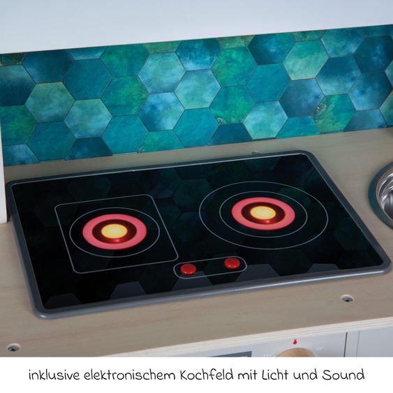 small foot Cuisine Enfant avec Évier, Plaque De Cuisson avec Lumière & Son, Hotte Aspirante & Batterie De Cuisine - Tasty - Gris