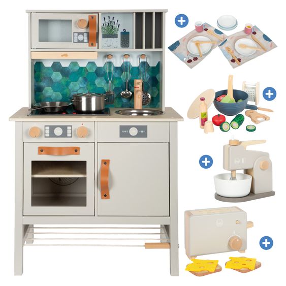 small foot Kinderküchen-Set mit Kinderküche, 10-tlg. Schneide-Set, 18-tlg. Geschirr-Set, 5-tlg. Toaster-Set & 2in1 Mixer - Tasty - Bunt