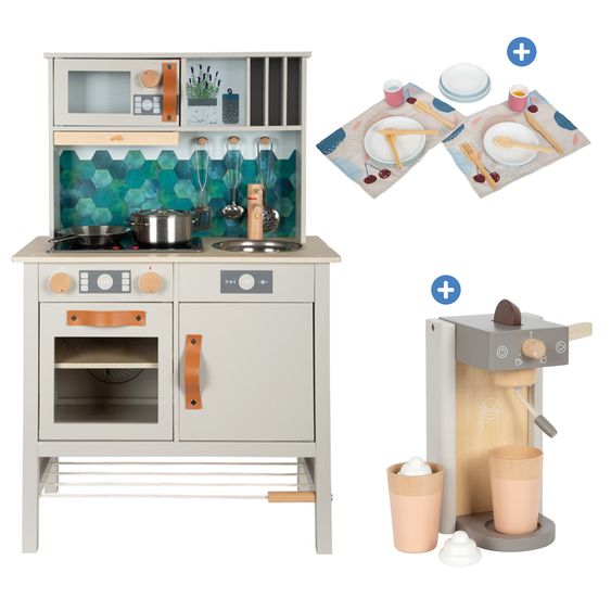 small foot Kinderküchen-Set mit Kinderküche, 18-tlg. Geschirrset & 7-tlg.Kaffeemachinen-Set - Tasty - Bunt