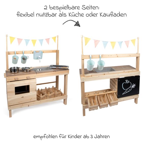 small foot Cucina da gioco per esterni e banco della spesa in uno con piano cottura, forno, grill, lavello incl. set accessori - Naturale