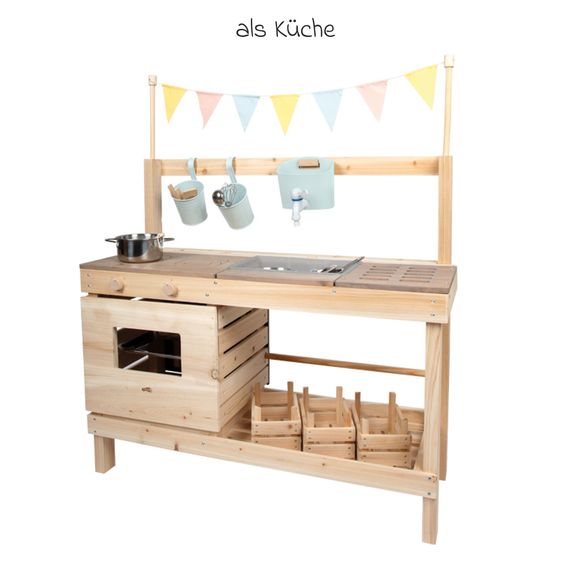 small foot Cucina da gioco per esterni e banco della spesa in uno con piano cottura, forno, grill, lavello incl. set accessori - Naturale