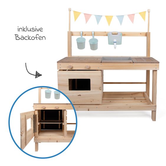 small foot Cucina da gioco per esterni e banco della spesa in uno con piano cottura, forno, grill, lavello incl. set accessori - Naturale