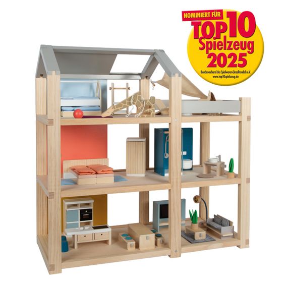 small foot Puppenhaus komplet möbiliert mit 3 Stockwerken, Dachterasse & Möbeln - Natur