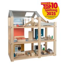 Puppenhaus komplet möbiliert mit 3 Stockwerken, Dachterasse & Möbeln - Natur
