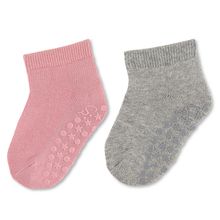 2er Pack Krabbelsocken Kurz Vollplüsch im Sohlenbereich - Grau Rosa - Gr. 17/18