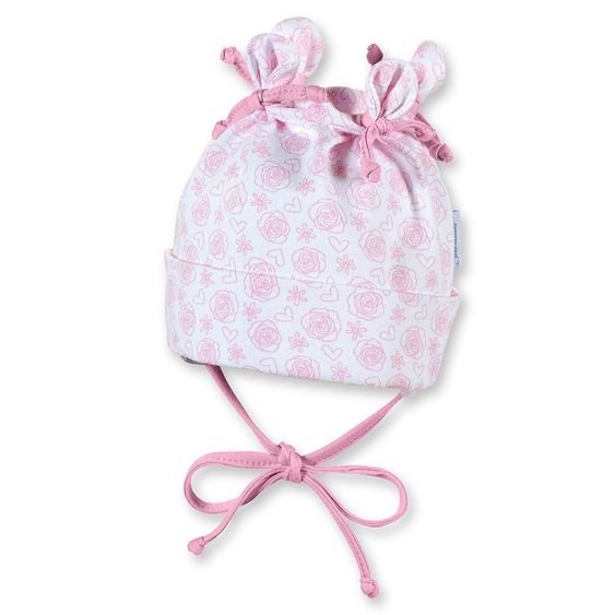 Sterntaler Knotenmütze mit 4 Zipfeln UV 50+ - Röschen - Weiß Rosa - Gr. 39