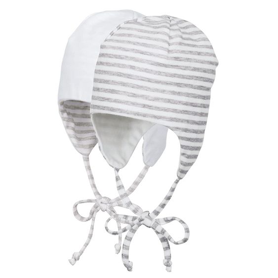 Sterntaler Wende-Erstlingsmütze mit Ohrenklappen - Ringel Grau Weiß - Gr. 35