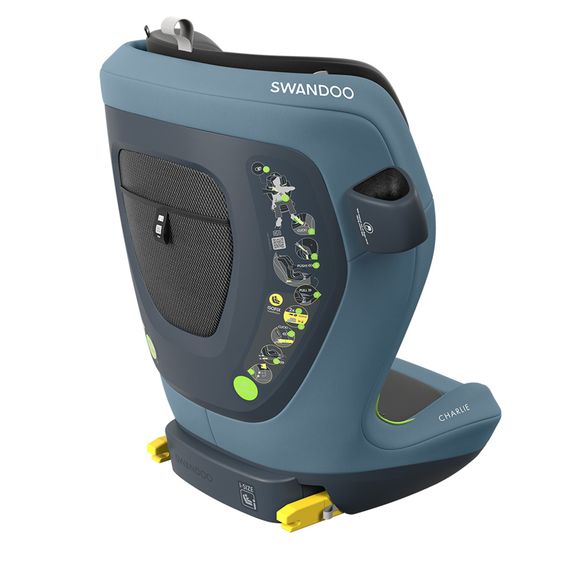 Swandoo Seggiolino auto Charlie i-Size 3 anni - 12 anni (100 cm - 150 cm) con regolazione in larghezza e protezione aggiuntiva contro gli impatti laterali - Blueberry