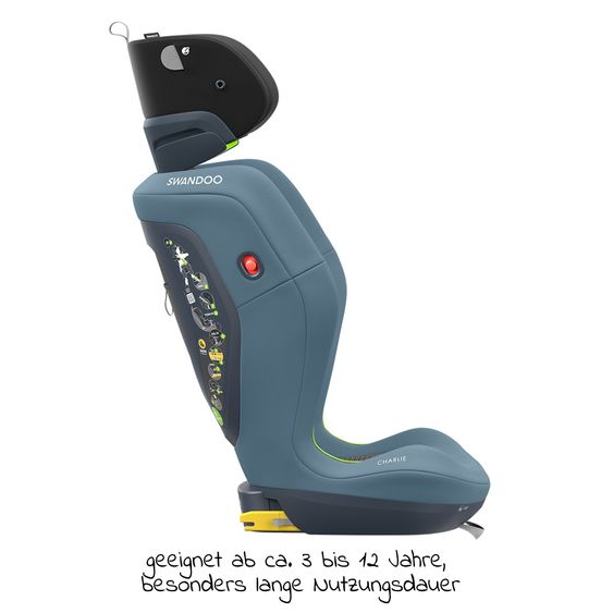 Swandoo Seggiolino auto Charlie i-Size 3 anni - 12 anni (100 cm - 150 cm) con regolazione in larghezza e protezione aggiuntiva contro gli impatti laterali - Blueberry