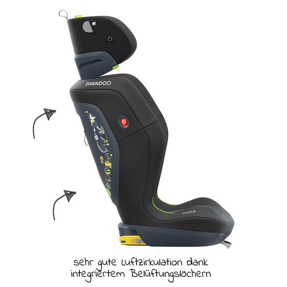 Swandoo Seggiolino auto Charlie i-Size 3 anni - 12 anni (100 cm - 150 cm) con regolazione in larghezza e protezione aggiuntiva dagli impatti laterali - Chia Black