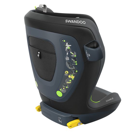 Swandoo Seggiolino auto Charlie i-Size 3 anni - 12 anni (100 cm - 150 cm) con regolazione in larghezza e protezione aggiuntiva dagli impatti laterali - Chia Black