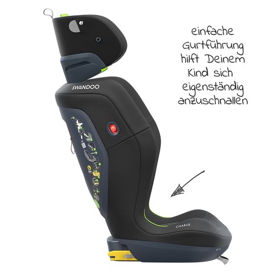 Swandoo Seggiolino auto Charlie i-Size 3 anni - 12 anni (100 cm - 150 cm) con regolazione in larghezza e protezione aggiuntiva dagli impatti laterali - Chia Black