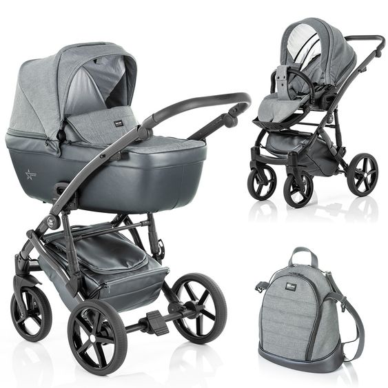 Tako Kombi-Kinderwagen Starline inkl. Sportwagen, Babywanne, Wickeltasche, Beindecke & Regenschutz - Grau Schwarz