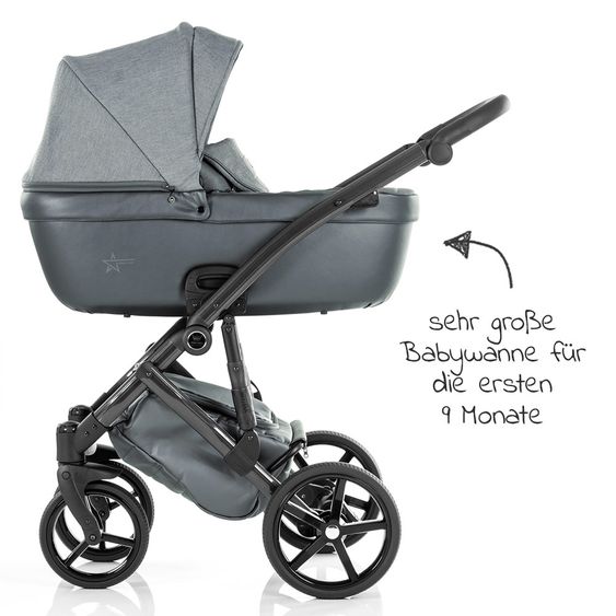 Tako Kombi-Kinderwagen Starline inkl. Sportwagen, Babywanne, Wickeltasche, Beindecke & Regenschutz - Grau Schwarz