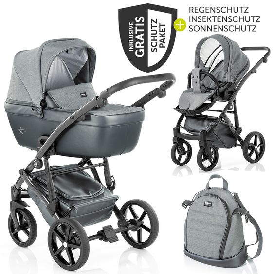 Tako Kombi-Kinderwagen Starline Sportwagen, Babywanne, Wickeltasche, Beindecke, + Zubehörpaket - Grau Schwarz