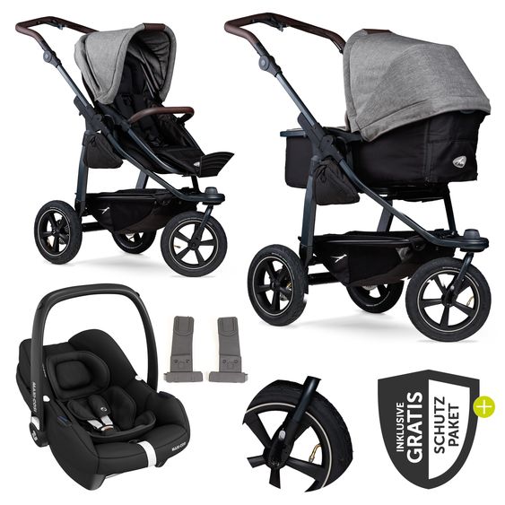 TFK 3in1 Kombi-Kinderwagen-Set Mono 2 Luftreifen mit Kombi-Einheit (Babywanne+Sitz) inkl. Maxi-Cosi Cabriofix i-Size & XXL Zubehörpaket - Premium Grau