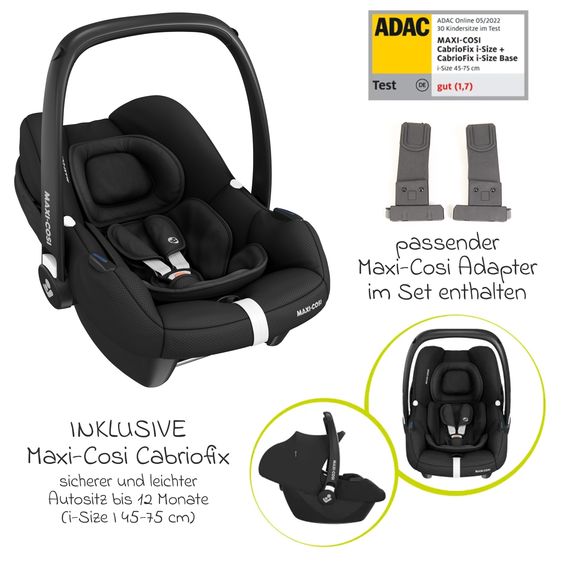 TFK 3in1 Kombi-Kinderwagen-Set Mono 2 Luftreifen mit Kombi-Einheit (Babywanne+Sitz) inkl. Maxi-Cosi Cabriofix i-Size & XXL Zubehörpaket - Premium Grau