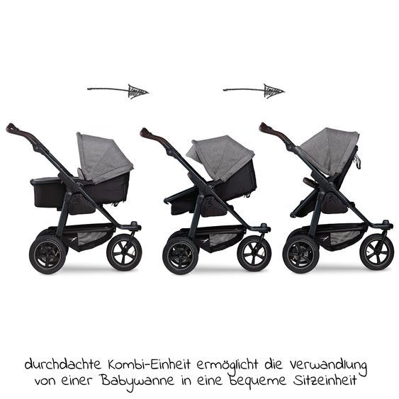 TFK 3in1 Kombi-Kinderwagen-Set Mono 2 Luftreifen mit Kombi-Einheit (Babywanne+Sitz) inkl. Maxi-Cosi Cabriofix i-Size & XXL Zubehörpaket - Premium Grau