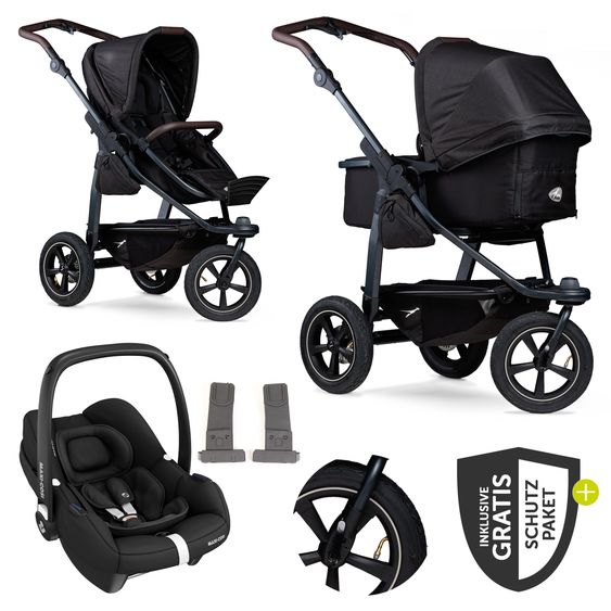 TFK 3-1 Kombi-Kinderwagen-Set Mono 2 Luftreifen mit Kombi-Einheit (Babywanne+Sitz) inkl. Maxi-Cosi Cabriofix i-Size & XXL Zubehörpaket - Schwarz