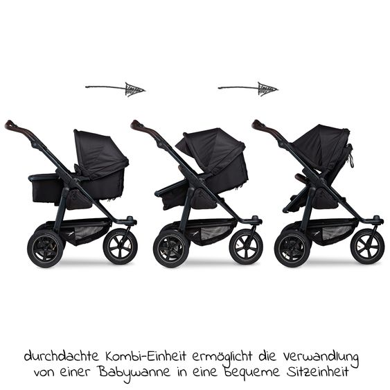 TFK 3-1 Kombi-Kinderwagen-Set Mono 2 Luftreifen mit Kombi-Einheit (Babywanne+Sitz) inkl. Maxi-Cosi Cabriofix i-Size & XXL Zubehörpaket - Schwarz