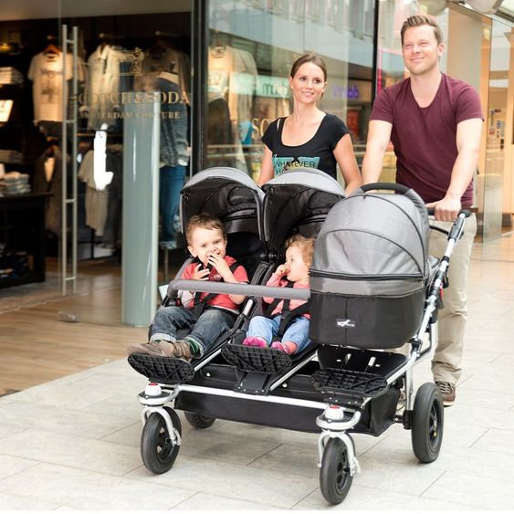 TFK Drillings-Kinderwagen Trio Twist inkl. Adapter & Regenverdecke - Grau