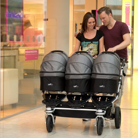 TFK Drillings-Kinderwagen Trio Twist inkl. Adapter & Regenverdecke - Grau