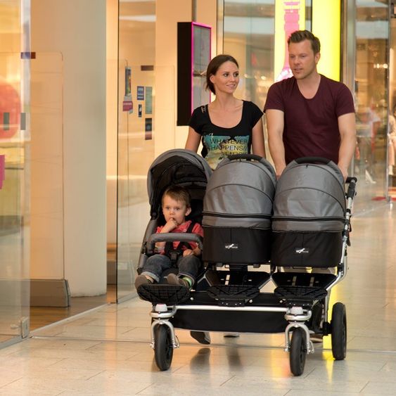 TFK Drillings-Kinderwagen Trio Twist inkl. Adapter & Regenverdecke - Grau