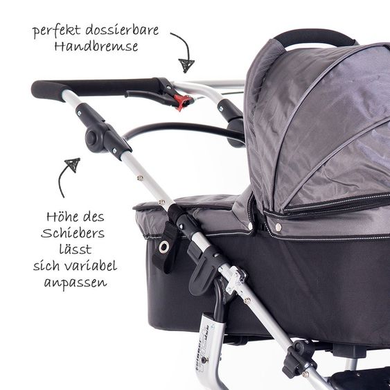 TFK Drillings-Kinderwagen Trio Twist inkl. Adapter & Regenverdecke - Grau