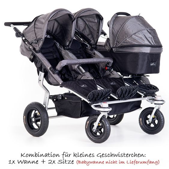 TFK Drillings-Kinderwagen Trio Twist inkl. Adapter & Regenverdecke - Grau