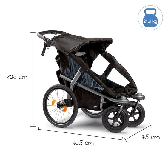 TFK Fahrradanhänger & Kinderwagen Velo 2 für 2 Kinder (bis 44 kg) + Deichsel - Schwarz