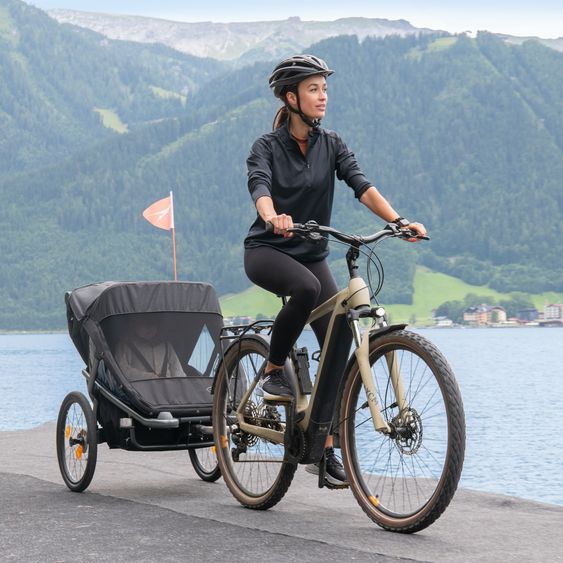 TFK Fahrradanhänger & Kinderwagen Velo 2 für 2 Kinder (bis 44 kg) + Deichsel - Schwarz