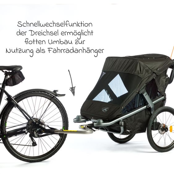 TFK Fahrradanhänger & Kinderwagen Velo 2 für 2 Kinder (bis 44 kg) + Deichsel - Schwarz