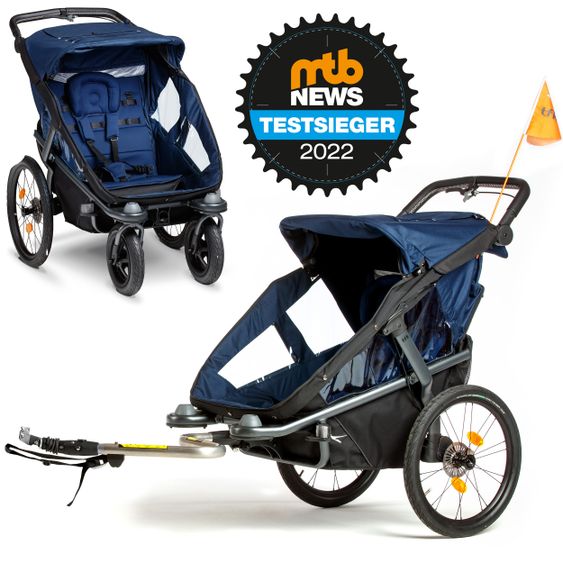 TFK Fahrradanhänger und Kinderwagen Velo 2 für 2 Kinder (bis 44 kg ) + Deichsel - Marine