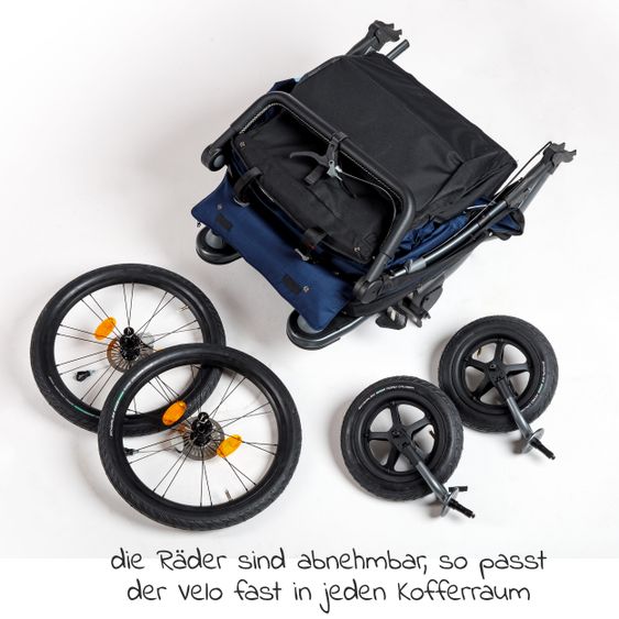 TFK Fahrradanhänger und Kinderwagen Velo 2 für 2 Kinder (bis 44 kg ) + Deichsel - Marine