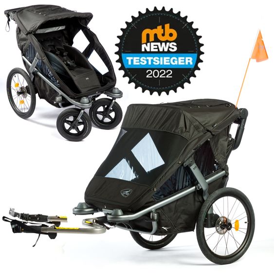 TFK Fahrradanhänger und Kinderwagen Velo 2 für 2 Kinder (bis 44 kg) + Deichsel - Schwarz