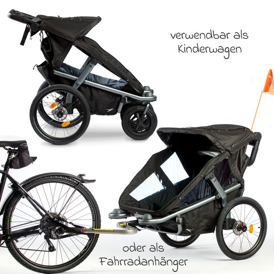 TFK Fahrradanhänger und Kinderwagen Velo 2 für 2 Kinder (bis 44 kg) + Deichsel - Schwarz