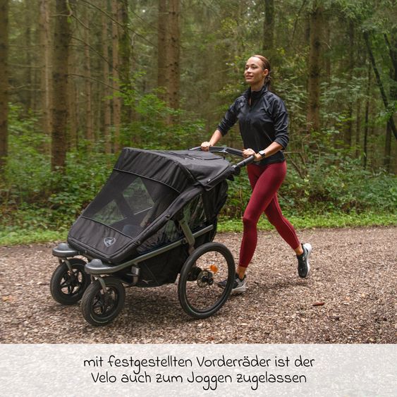 TFK Fahrradanhänger und Kinderwagen Velo 2 für 2 Kinder (bis 44 kg) + Deichsel - Schwarz