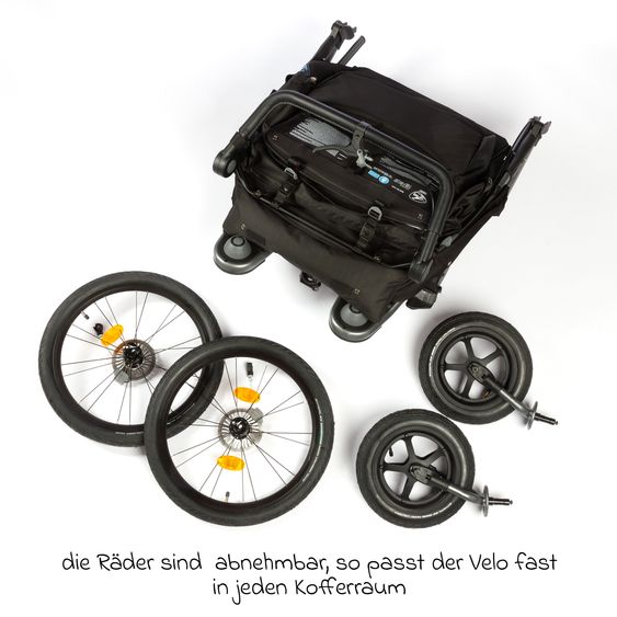 TFK Fahrradanhänger und Kinderwagen Velo 2 für 2 Kinder (bis 44 kg) + Deichsel - Schwarz