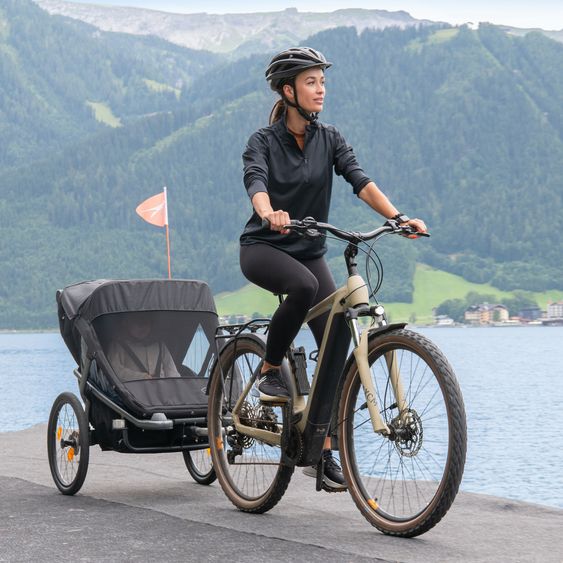 TFK Fahrradanhänger und Kinderwagen Velo 2 für 2 Kinder (bis 44 kg) + Deichsel - Schwarz