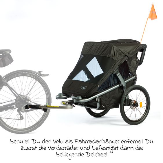 TFK Velo 2 rimorchio per bicicletta e passeggino per 2 bambini (fino a 44 kg) + timone - nero